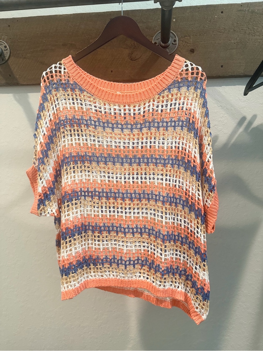 Dokotoo Scoop Neck Open-Knit Striped Pullover Sweater in Peach